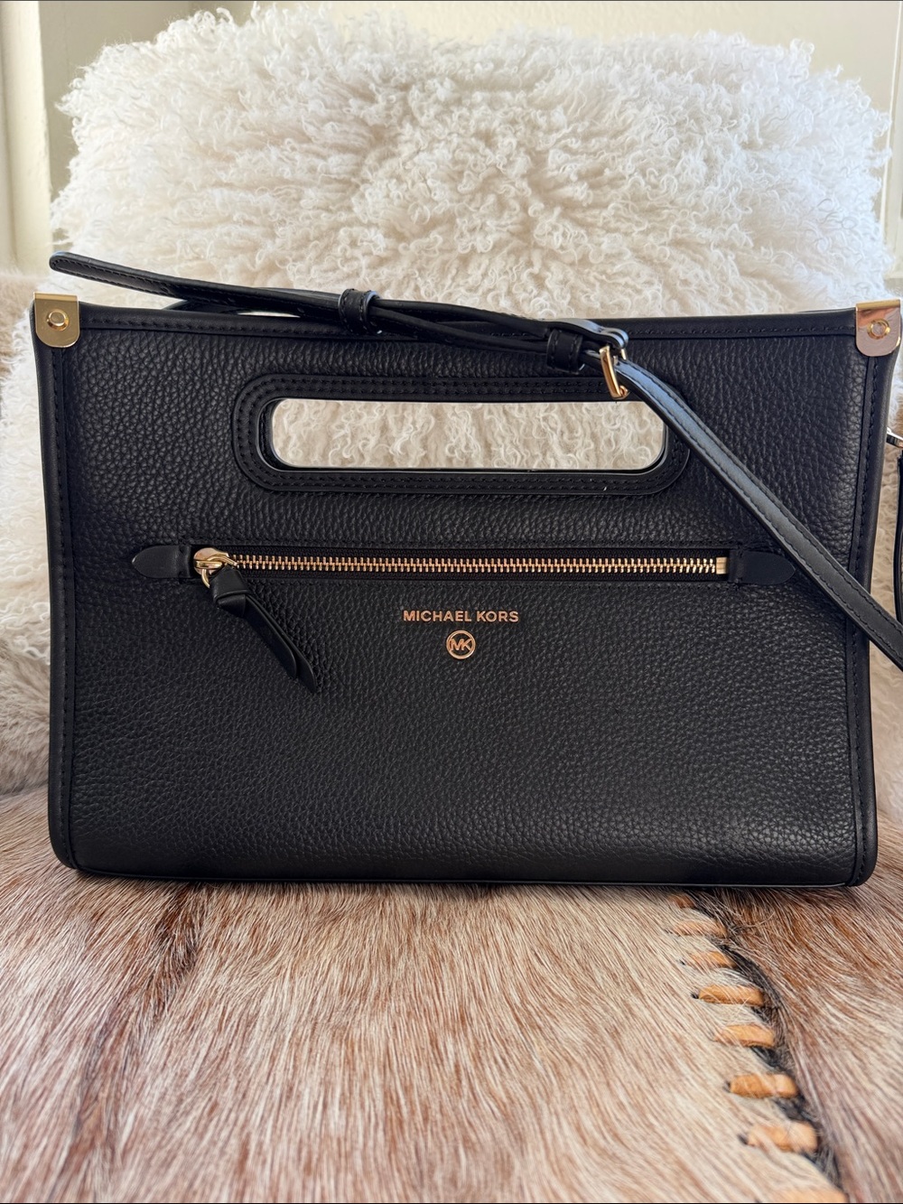 Michael Kors Black Pebbled Leather Satchel with Gold Hardware